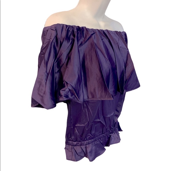 Rachel Lym PURPLE Resort Top Stretch Satin Swim Coverup Ruffle Off Shoulder - Picture 3 of 12